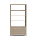 Beige bookshelf with open shelves and a drawer on a white background