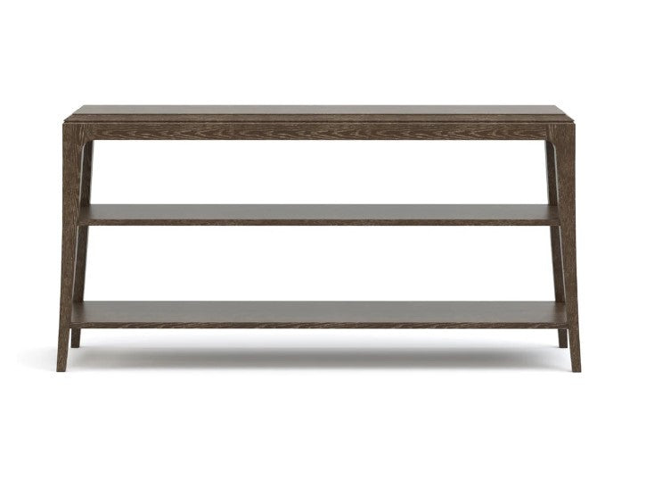 Wooden console table with two shelves on a white background