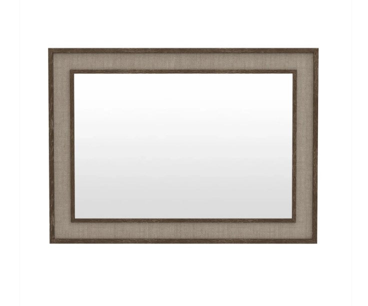 Rectangular mirror with a brown frame on a white background