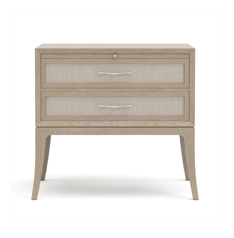 Beige nightstand with two drawers on a white background