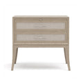 Beige nightstand with two drawers on a white background