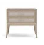 Beige nightstand with two drawers on a white background