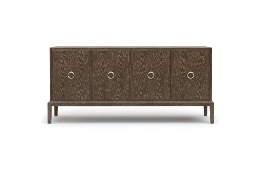 Wooden cabinet with four doors and circular handles on a white background