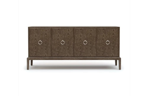 Wooden cabinet with four doors and circular handles on a white background