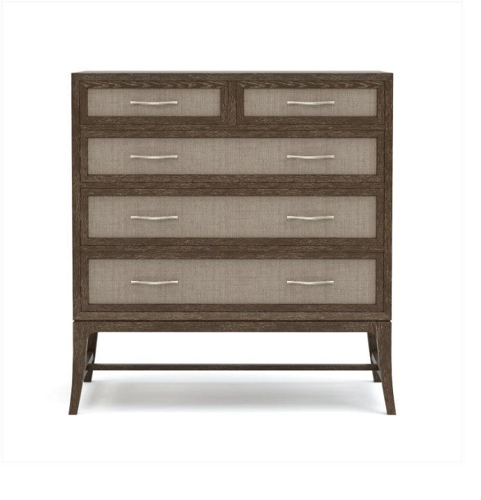 Wooden dresser with five drawers on a white background