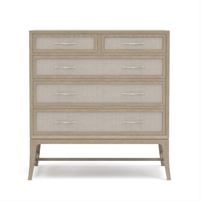 Beige dresser with glass panels on a white background