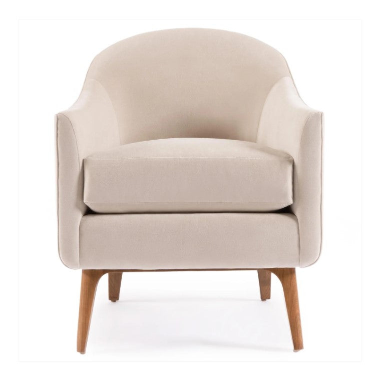 Beige armchair with wooden legs on a white background