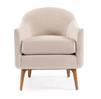 Beige armchair with wooden legs on a white background
