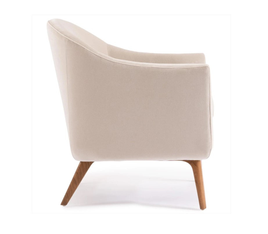 Beige armchair with wooden legs on a white background