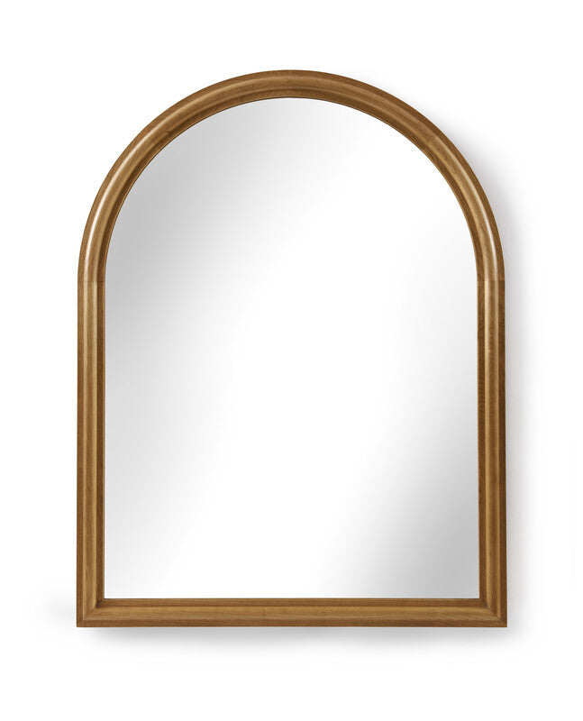 Arched mirror with a gold frame on a white background