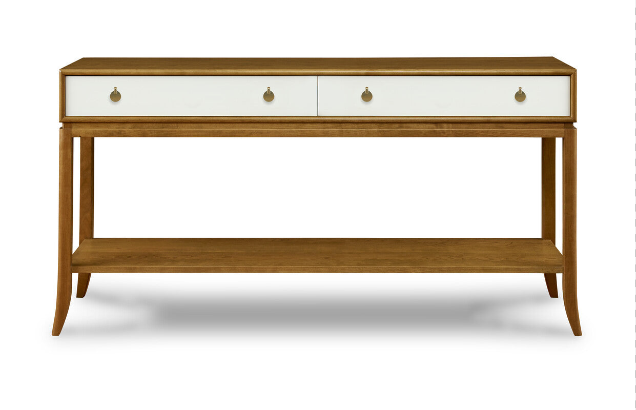 Wooden console table with white drawers on a white background