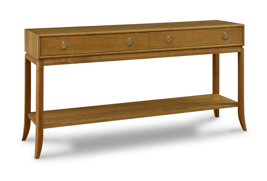 Wooden console table with three drawers on a white background