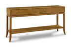 Wooden console table with three drawers on a white background