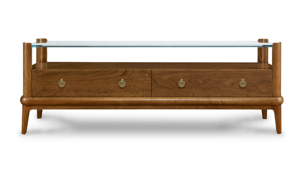 Wooden TV stand with glass top on a white background