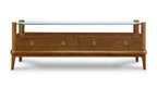 Wooden TV stand with glass top on a white background