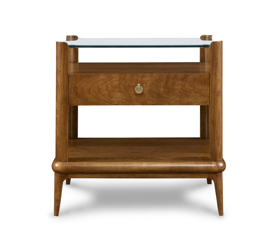 Wooden side table with glass top on a white background