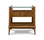 Wooden side table with glass top on a white background