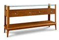 Wooden console table with glass top on a white background
