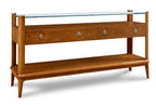 Wooden console table with glass top on a white background