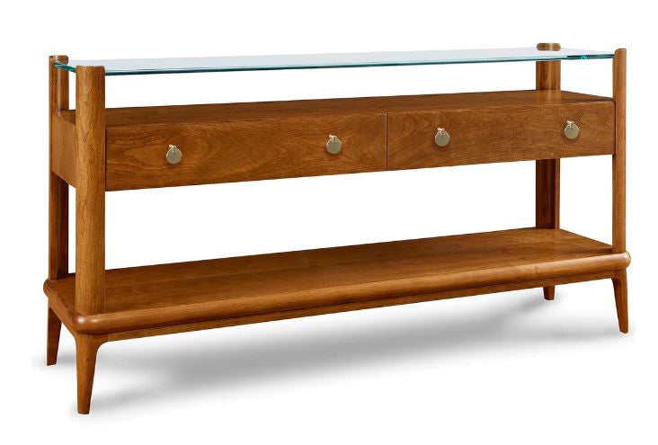Wooden console table with glass top on a white background