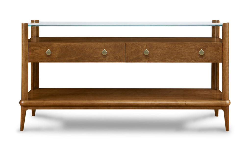 Wooden console table with glass top on a white background