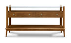 Wooden console table with glass top on a white background