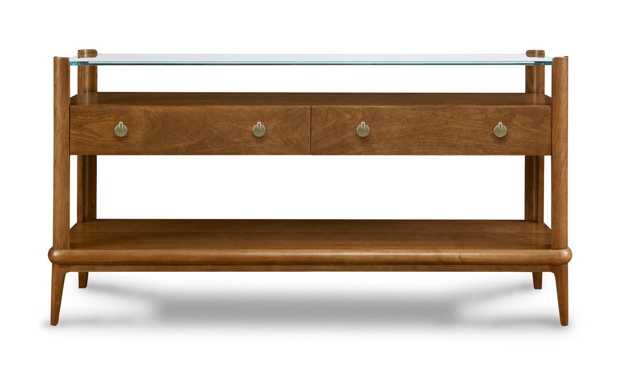 Wooden console table with glass top on a white background