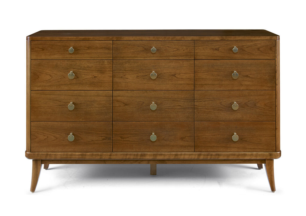 Wooden dresser with multiple drawers on a white background