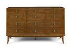 Wooden dresser with multiple drawers on a white background