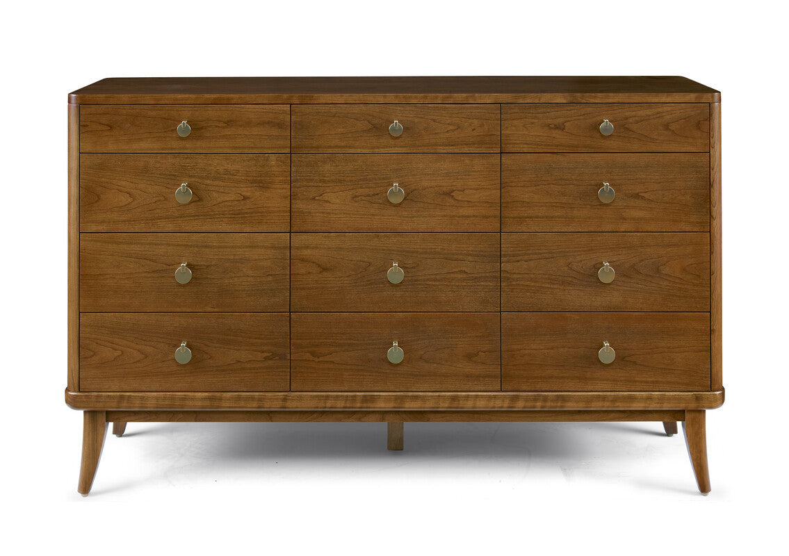 Wooden dresser with multiple drawers on a white background