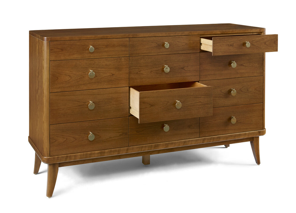 Wooden dresser with multiple drawers on a white background