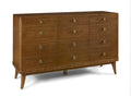 Wooden dresser with multiple drawers on a white background