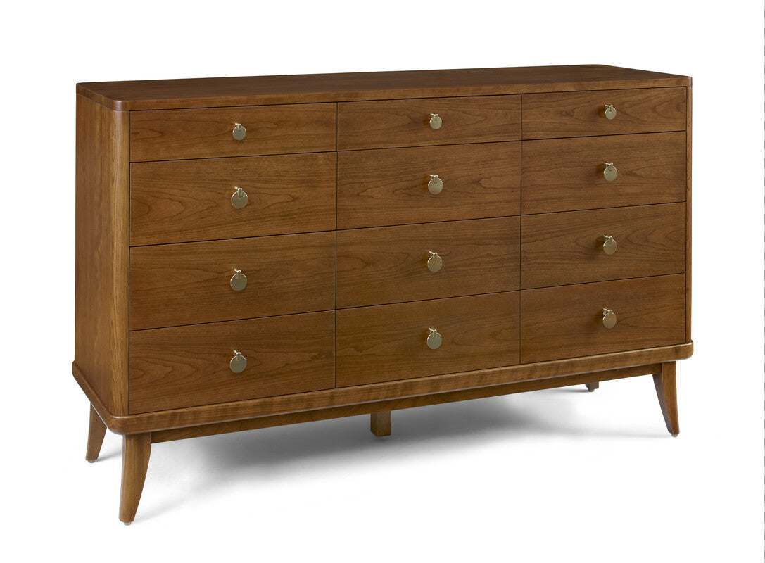 Wooden dresser with multiple drawers on a white background