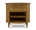 Wooden side table with two drawers and a shelf on a white background