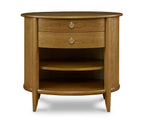 Wooden side table with two drawers and a shelf on a white background
