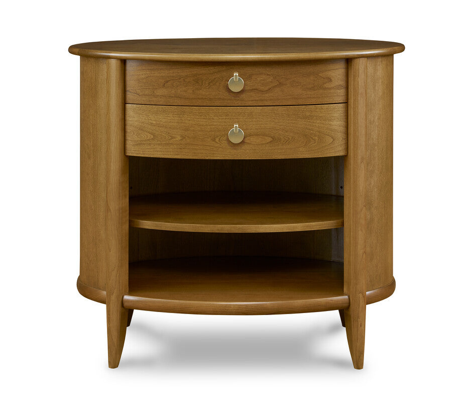 Wooden side table with two drawers and a shelf on a white background