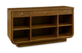 Wooden sideboard with multiple shelves and drawers on a white background