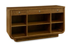 Wooden sideboard with multiple shelves and drawers on a white background