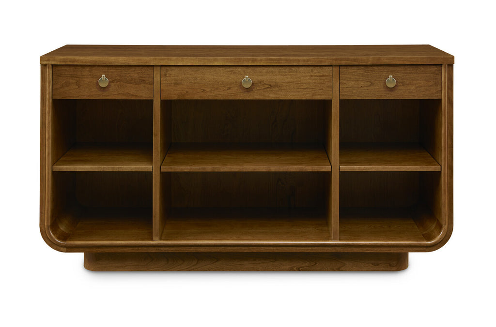 Wooden entertainment console with multiple compartments on a white background