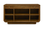 Wooden entertainment console with multiple compartments on a white background
