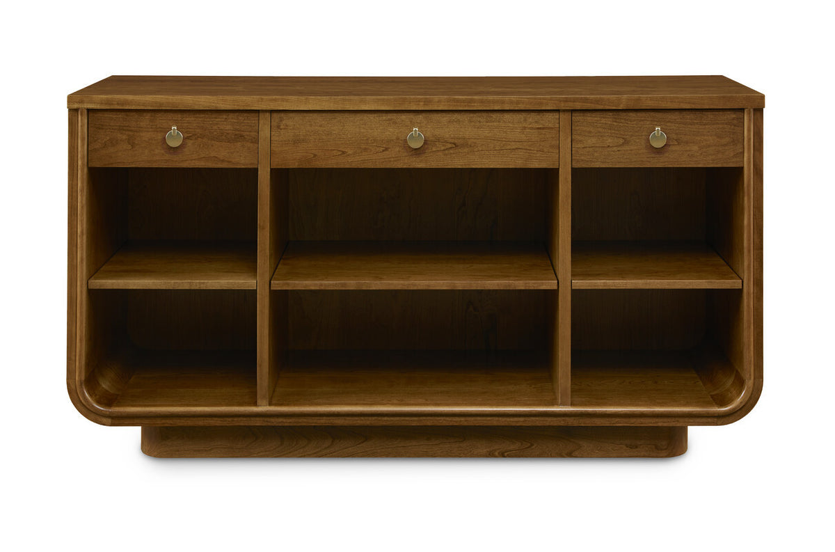 Wooden entertainment console with multiple compartments on a white background