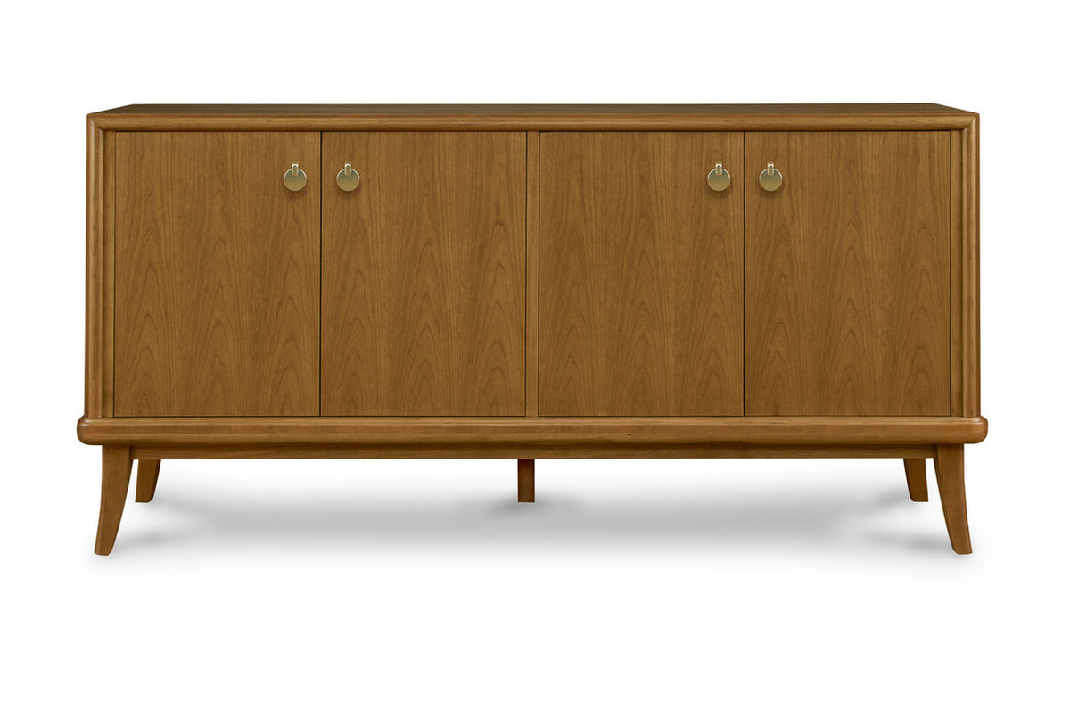 Wooden sideboard with four doors and two drawers on a white background