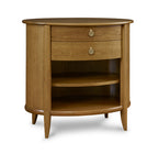 Wooden side table with a drawer and shelves on a white background