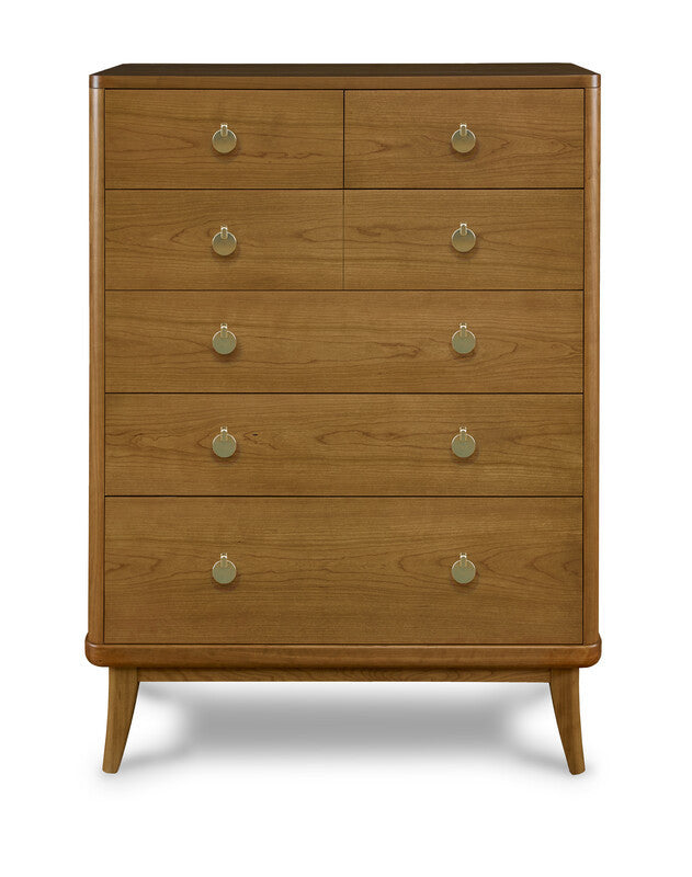 Wooden dresser with multiple drawers and round handles on a white background