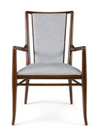 Wooden chair with gray upholstered seat and back on a white background