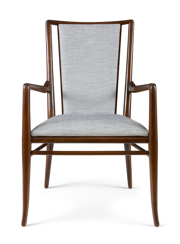 Wooden chair with gray upholstered seat and back on a white background