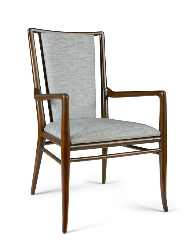 Chair with wooden frame and gray cushion on a white background