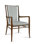Chair with wooden frame and gray cushion on a white background