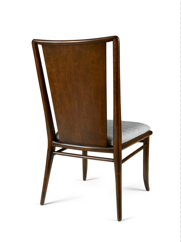 Wooden chair with a gray cushion on a white background