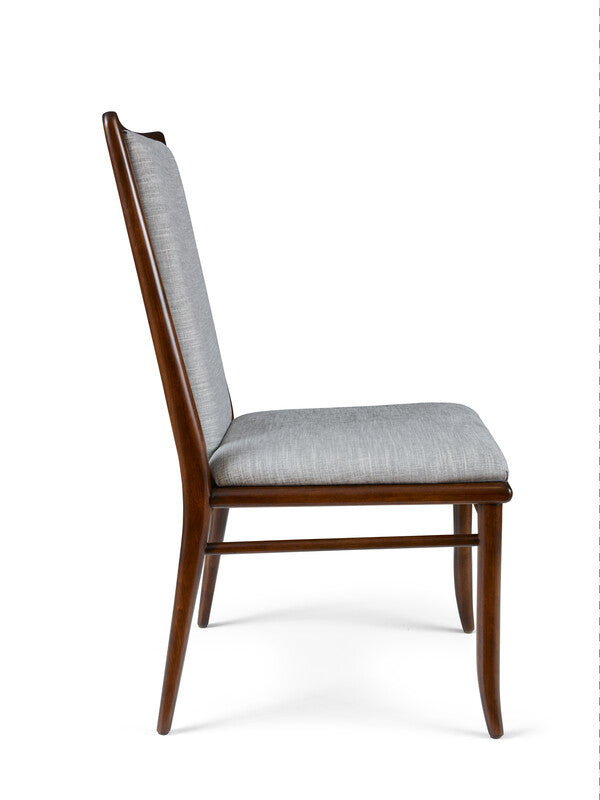 Wooden chair with gray cushion on a white background